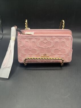🩷Coach Double Zip Wallet Wristlet CDN22 Pink Signature Denim & Pebble Leather